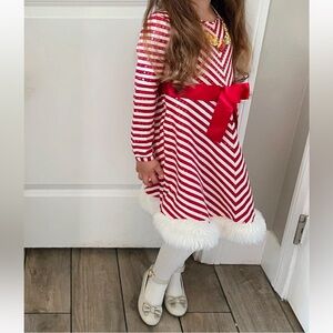 Red and White Striped Dress with Bow and Faux Fur Trim